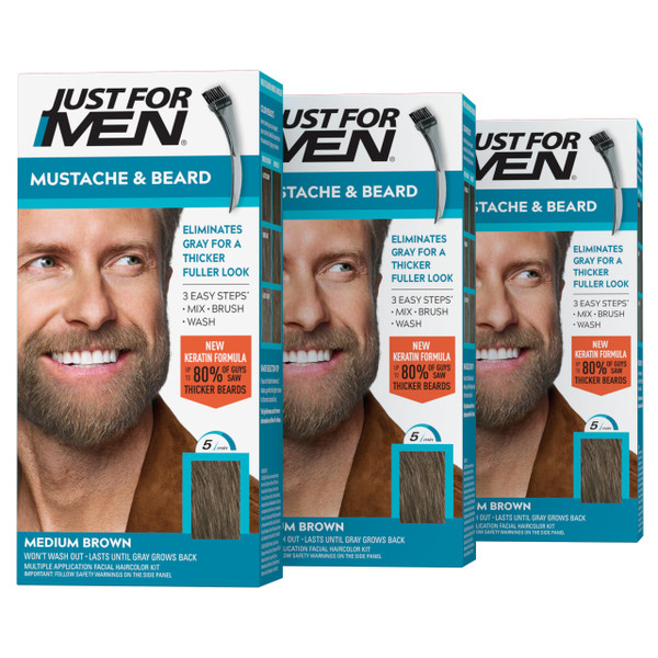 Just For Men Mustache & Beard, Beard Coloring for Gray Hair with Brush, With Keratin Biotin Aloe and Coconut Oil for Healthy Facial Hair - Medium Brown, M-35, Pack of 3