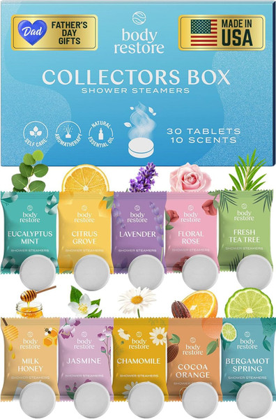 Body Restore Shower Steamers Aromatherapy 30 Pack – Fathers Day Gift for Dad, Birthday Gifts for Women & Men, Spa Stress Relief & Relaxation Self Care Gifts – Premium Collectors Box