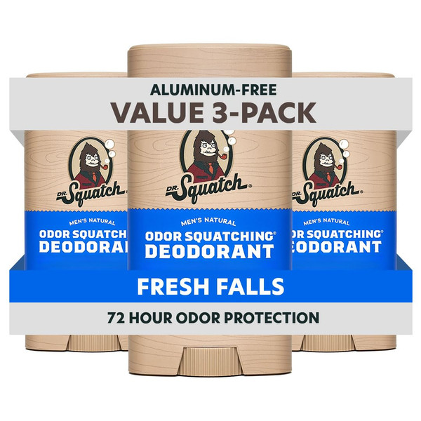Dr. Squatch Natural Men’s Deodorant – Aluminum Free Natural Deodorant Men with Charcoal & Postbiotics for 72-Hour Odor Protection – Fresh Falls, 2.65oz Stick (3-Pack)