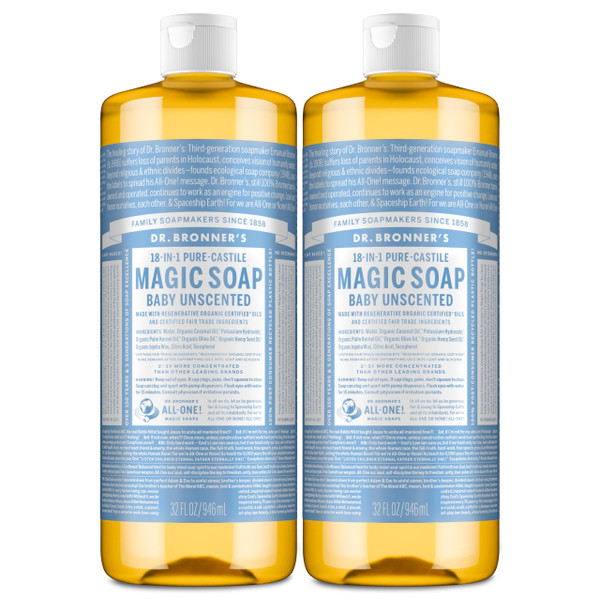 Dr. Bronner's Magic Soap-Pure-Castile Liquid Soap (Baby Unscented, 32 ounce, 2-Pack)-Regenerative Organic Certified Oils, 18-in-1 Uses: Body, Laundry & Dishes, For Sensitive Skin, No Fragrance