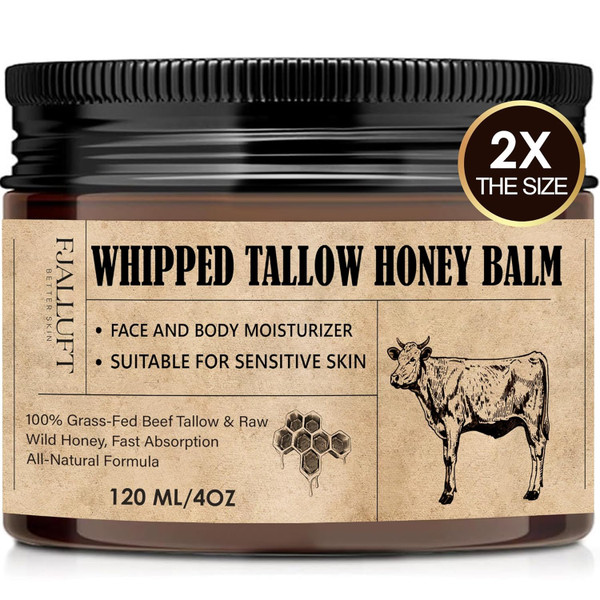 Beef Tallow and Honey Balm Moisturiser: 4 Ounce Whipped Grass Fed Beef Tallow Balm with Raw Honey and Olive Oil for Skin and Face – Natural Cow Fat Facial Cream for Anti-Aging (Large, Unscented)