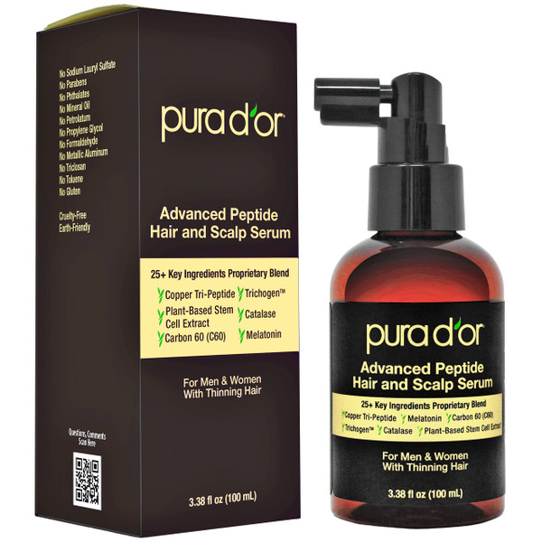 PURA D'OR Advanced Hair & Scalp Serum – For Hair Thinning with Copper Tri-Peptide, Caffeine, Botanical Extract Blend, Fuller Appearance Strands – Vegan, Men & Women 3.3 Oz Hair Regrowth Tonic
