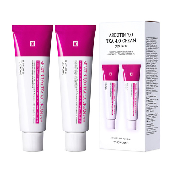 TOSOWOONG Arbutin 7% + Tranexamic Acid 4% Cream, 70,000ppm Arbutin, 40,000ppm TXA, Niacinamide, Glutathione, Dark Spots, Freckle, Blemishes, Pigmentation, Korean Skin Care, 50ml, 1.69 fl.oz, Pack of 2