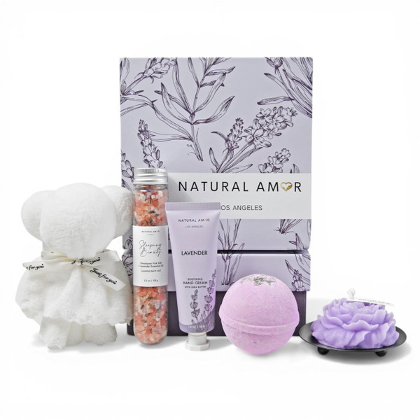 Natural Amor Lavender Spa Gift Set for Women – 6PCS Bath Gift Basket with Hand Cream, Bath Salts, Bath Bomb, Candle – Relaxing Self Care Gifts for Birthday, Mother’s Day