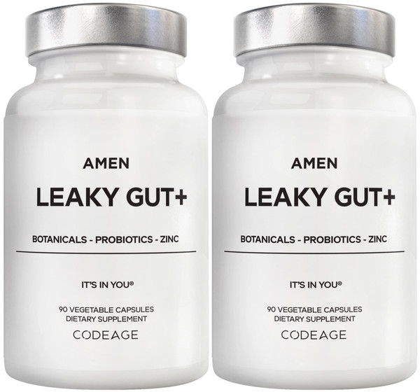 Amen Leaky Gut Supplement - Advanced Formula with Bioavailable L Glutamine, Zinc, Turmeric, DGL Licorice Root - Marshmallow Root - Probiotics & Fermented Prebiotics - Vegan, Non-GMO - 2-Pack