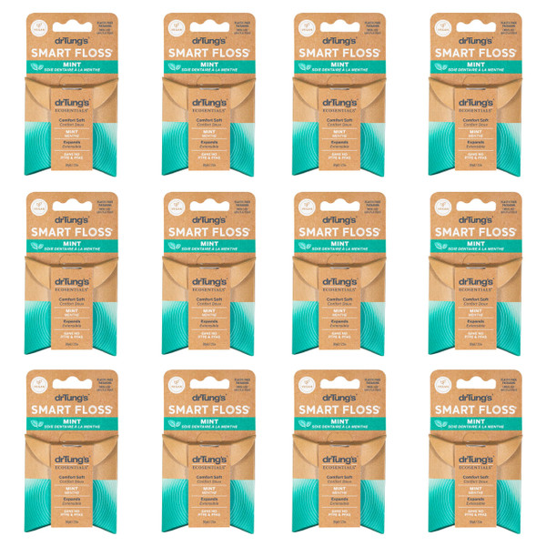 drTung's Smart Floss Mint for Teeth - Natural Expanding Dental Floss, Gentle on Tooth & Gums, Expands & Glides, PTFE & PFAS Free, Certified Organic Mint Essential Oils - Pack of 12