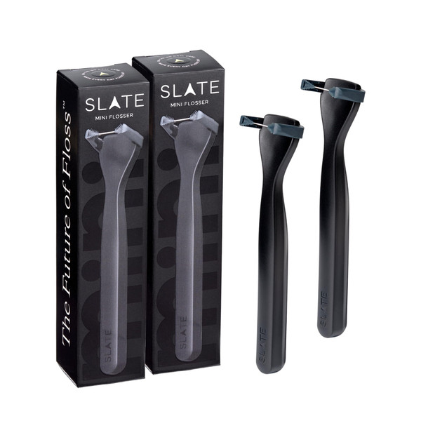 Slate Flosser Mini - Reusable Floss Pick with Gum Brush & Tongue Scraper, Dentist-Invented, PFAS/PTFE-Free, Travel-Ready | Black Mini Flosser 2-Pack