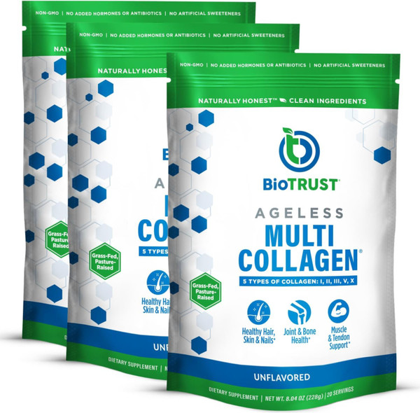 BioTrust Ageless Multi Collagen Peptides Powder - 5 Types (I, II, III, V, X) - Unflavored Collagen Powder for Women & Men - Hydrolyzed Protein - Grass Fed Beef, Fish, Chicken, Eggshell Membrane, 3-pk