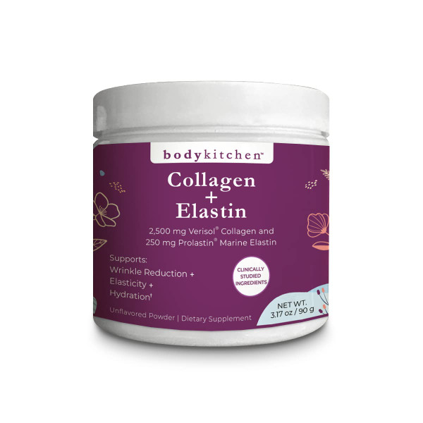 Body Kitchen Collagen and Elastin Peptides, 250mg Pure Marine-Derived Elastin from France, Elastin Supplement for Skin Firmness and Elasticity, Made in USA, Unflavored Powder, 30 Servings