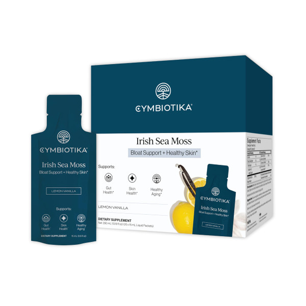 CYMBIOTIKA Irish Sea Moss Supplement, Organic Wildcrafted Sea Moss with Aloe Vera, Fulvic Minerals, Postbiotics, Gut, Immune, Skin Support, Liquid Travel Packet, 26 Servings (Single Pack)