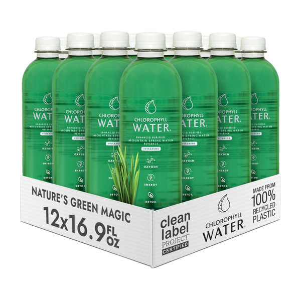 Chlorophyll Water (12-pack) Liquid Chlorophyll Drops in Purified Water Bottles, For Glowing Skin, Energy and Detox, Vitamins A, B12, C, D3, Clean Label Certified, Plant-Based Vitamin Water (16.9oz)