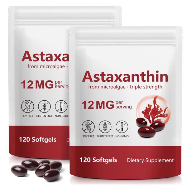 FANSHI 2 PCS Astaxanthin 12mg Softgels 120 Count Triple Strength from Astaxanthin Supplements Natural Microalgae Powerful Antioxidant Support for Skin, Eye & Heart Health 4 Month Supply
