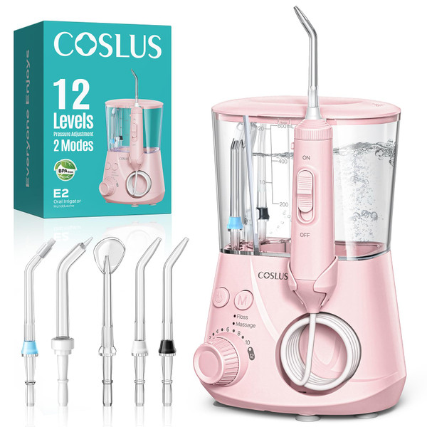 COSLUS Professional Water Flosser for Teeth: 2 Modes & 12 Pressure Settings Electric Dental Pick for Orthodontic, Braces, Sensitive Gums - Home Use, ​​5 Jet Tips for Multiple Users, Family,E2 (Pink)