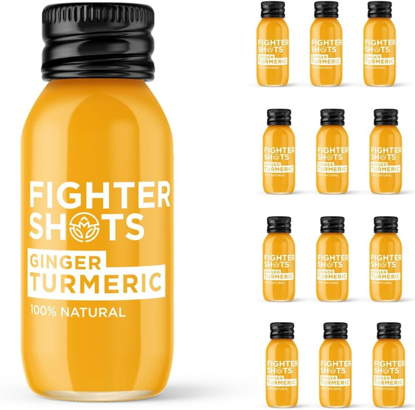 Fighter Shots Ginger Award Winning Fresh & Fiery Cold Pressed Ginger Shots for Immune Support & Energy Boost - 100% Natural Perfect Pick Me Up - Ginger and Turmeric 12 Pack