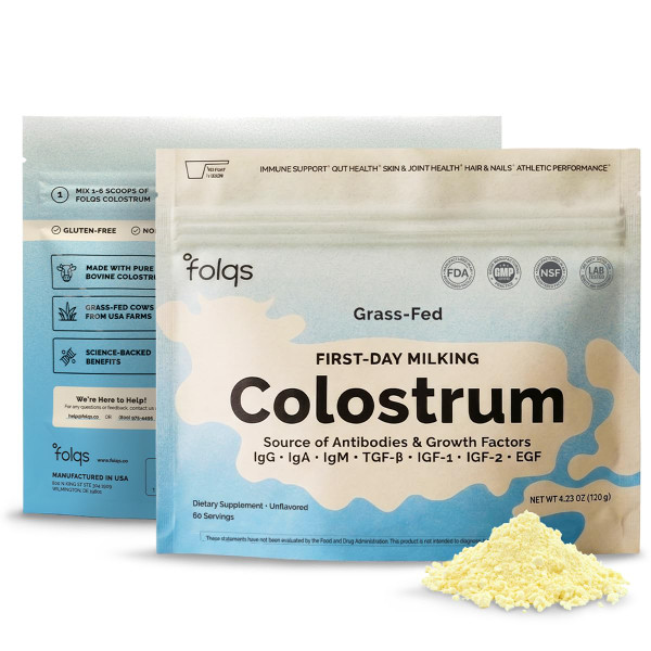Folqs Bovine Colostrum Powder – First-Day Milking for Immune & Gut Support – 60 Servings – Supports Skin & Tissue Health – Made in USA - Amino Acids, Vitamins, Minerals – Kosher - Sustainably Sourced