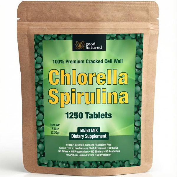 Good Natured Premium Spirulina and Chlorella Capsules 1,250 Tablets, Non-GMO, Vegan Chlorella Tablets, Sunlight Grown, Cracked Cell Wall, High Protein, Heavy Metal Detox,