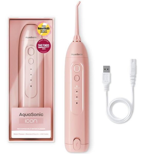 AquaSonic Icon Water Flosser for Teeth – Cordless Rechargeable Oral Irrigator – Waterproof, Portable Dental Cleaning with Jet Tip – Braces Home Travel - Blush