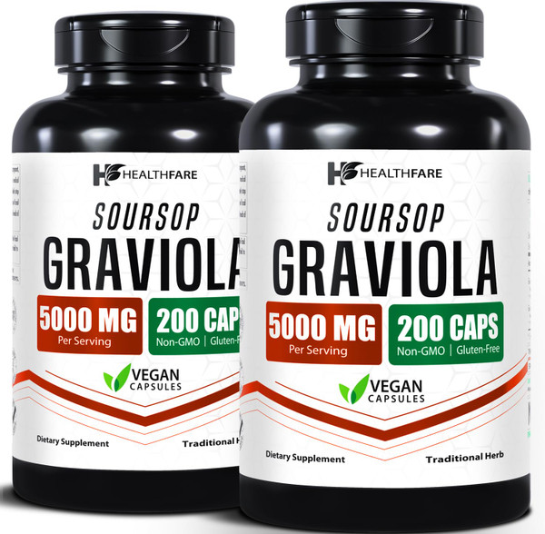 Healthfare Graviola Soursop Extract 5000mg | Annona Muricata | 400 Vegan Capsules (Pack of 2) | High Potency Leaf & Fruit Blend | Non-GMO | Gluten-Free | Made in USA