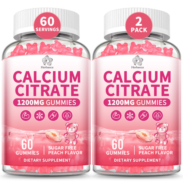 Pure Calcium Citrate 1200 mg Gummies for Adults Kids, High Absorption Calcium Supplements for Women & Men, Sugar Free, Non-GMO, Gluten Free, Supports Bone,Teeth,Muscle & Immune - Peach Flavor, 2 pack.
