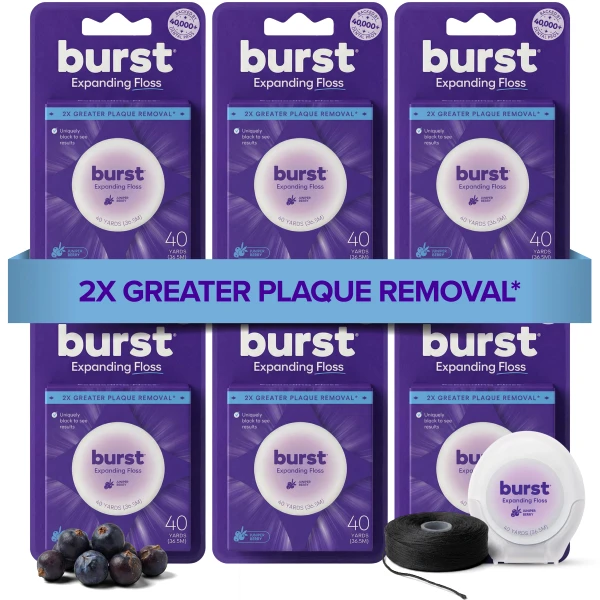 BURST Expanding Dental Floss (Juniper Berry/240 Yards) | Stain Absorbing & Woven Teeth Floss with Xylitol Coating to Fight Cavities | Vegan | Paraben Free Expanding Floss
