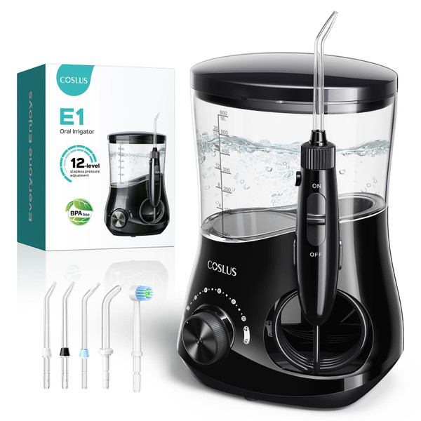 COSLUS E1 Professional Water Flosser for Teeth: 12 Pressure Settings Electric Dental Pick for Tooth Cleaning, Sensitive Gums, Braces, Oral Care - Home Use, ​​4 Jet Tips for Multiple Users, Family