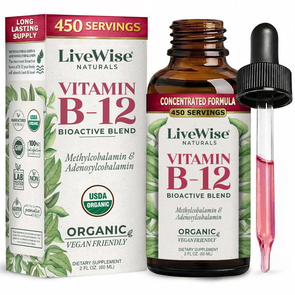 Organic Vitamin B12 1000 mcg Sublingual Liquid Drops For Adults, 1 Year+ Supply - 2 oz, Methylcobalamin & Adenosylcobalamin - Bioactive Blend for Energy, Clarity & Focus - Vegan, Non-GMO, Unflavored