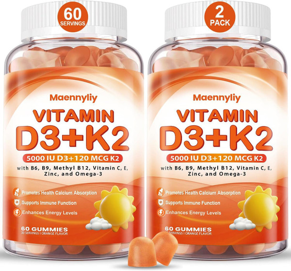 Vitamin D3 K2 Gummies for Adults - Vitamin D3 5000IU + K2 (MK-7) 120mcg - Sugar-Free D3 and K2 Supplements with Omega-3, Methyl B12, B9, B6, Vitamins E & Zinc - for Calcium Absorption & Immune Health