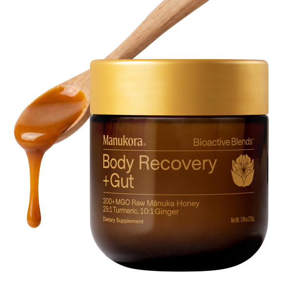 Manukora Body Recovery + Gut Supplement, Turmeric & Ginger with Manuka Honey, Supports Recovery, Gut Health & Digestive Comfort, Improved Absorption, 3rd-Party Tested, Non-GMO, 225g Jar