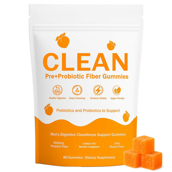 NEWUREHO Clean Prebiotic Fiber Gummies for Men - Peach Flavor, Pre+Probiotic Fiber Gummies, Gut Balance, Digestive Support & Daily Clean Confidence, Cleaning Support Gummy 60Gummies