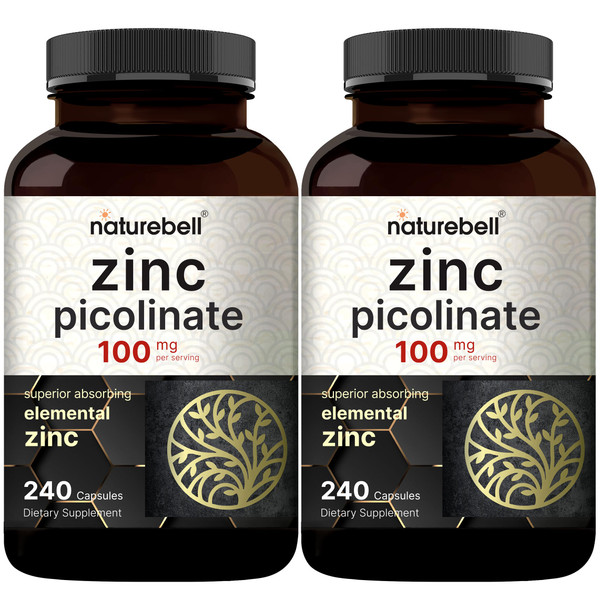 2 Pack Maximum Strength Zinc 100mg, Zinc Picolinate Supplement, 480 Capsules, Zinc Vitamin and Immune Vitamins for Enzyme Function and Immune Support, Non-GMO and Made in USA