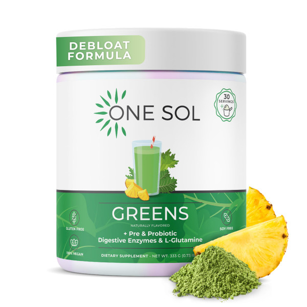 One Sol Greens, Super Greens Powder to Reduce Bloating & Improve Gut Health, Superfood Fresh Bloom Organic Greens Blend Juice & Smoothie Mix, Pre & Probiotic with Digestive Enzymes, Vegan & Soy Free