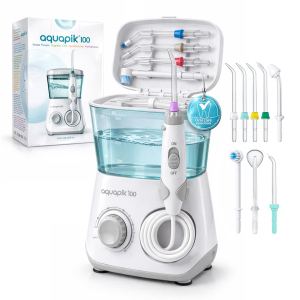 Bostontech Aquapik 100 Countertop Water Flosser for Teeth, 600 ml Corded Oral Irrigator with 10 Pressure Levels, 8 Nozzles Including Nasal Tip, 360° Tip, for Braces, Implants, Gums, White