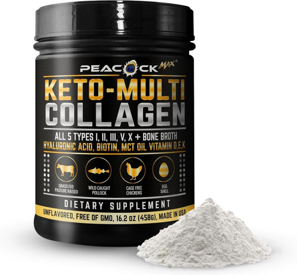 Peacock Max Keto Multi Collagen Peptides 16.2 oz - Bone Broth Protein Powder, with 5 Types Hydrolyzed Collagen, MCT Oil & Biotin for Skin, Joints, Hair & Nails, Unflavored Collagen Powder