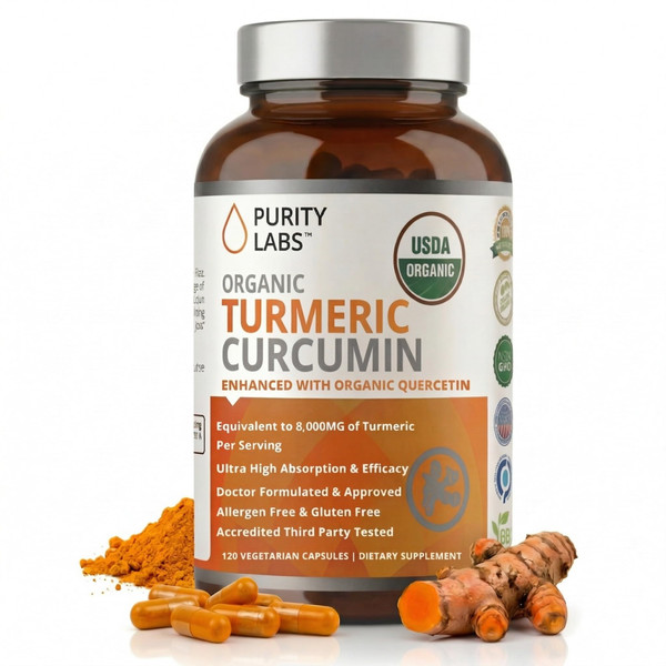 Purity Labs USDA Organic Turmeric Curcumin Supplement with Ginger & Black Pepper, 95% Curcuminoids for Joint Support & Inflammation, 120 Veggie Capsules, 2 Per Serving, 60 Day Supply