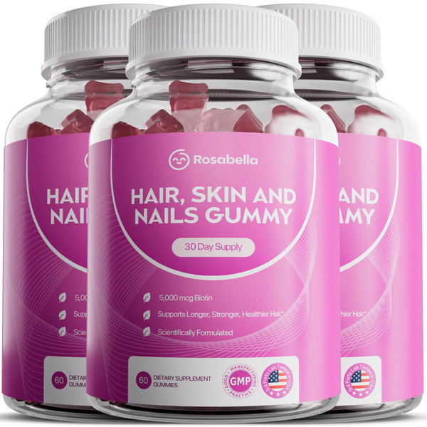 Rosabella Hair Growth Gummies for Women & Men – Vegan Hair Gummies with 5000mcg Biotin – Hair Vitamins for Strong, Healthy-Looking Hair – Gummy Biotin Supplement (60 Count (Pack of 3))