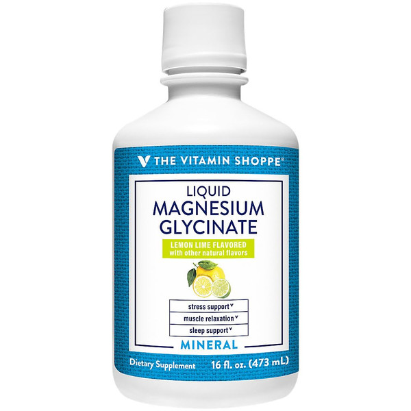 The Vitamin Shoppe Brand Liquid Magnesium Glycinate, 120 mg Magnesium Per Serving, Stress Support, Muscle Relaxation & Sleep Support, Trace Minerals, Lemon Lime Flavor, Gluten Free, 16 Fl Oz