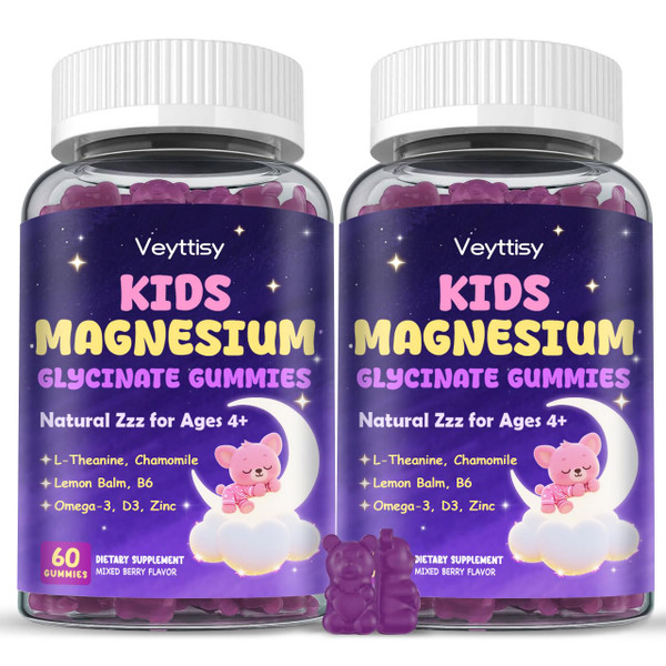 Magnesium Glycinate Gummies for Kids 4+: Sugar Free Magnesium Bisglycinate Gummy with Chamomile, L-Theanine, Lemon Balm, B6, Omega 3, Zinc - Gluten Free, Non-GMO, Vegan, Mixed Berry Flavor