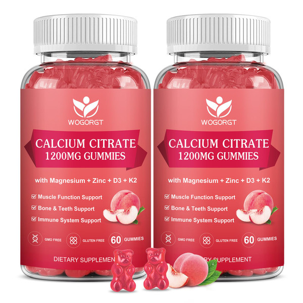 Calcium Citrate 1200mg Gummies with Vitamin D3, K2 - Chewable Calcium Magnesium Zinc d3 Supplement with Sea Moss Extract for Bone, Teeth, Immune Support for Women & Men, Peach Flavor-60 Gummies(2Pack)