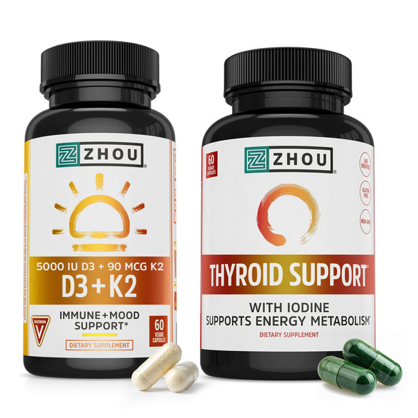 Zhou D3 + K2 & Thyroid Support - Vitamin D3 K2 Supplement for Women & Men with 5000 IU of Vit D & MK-7, Thyroid Supplement with Zinc, Iodine & Selenium, Metabolic Health - 60 Capsules Each (120 Total)