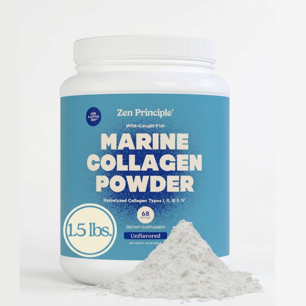 Zen Principle Marine Collagen Peptides Powder 1.5 lb. Wild-Caught Fish, Non-GMO. Supports Healthy Skin, Hair, Joints and Bones. Hydrolyzed Types I, II, III & IV Protein. Amino Acids. Easy to Mix.