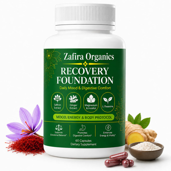 Zafira Organics Recovery Foundation Capsules with Saffron Extract, Mood & Digestive & Hair Support, Natural Herbal Formula with Saffron & Ginger Extract, L-Theanine, Myo-Inositol, 60 Capsules