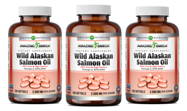 Amazing Omega Wild Alaskan Salmon Oil 2000 Mg Supplement | Softgels | Non-GMO | Gluten-Free | Made in USA (3 Pack | 180 Count)