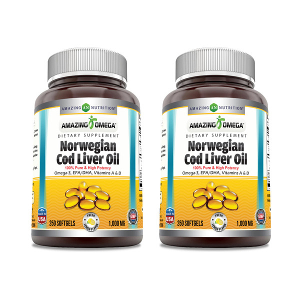 Amazing Omega Norwegian Cod Liver Oil 1000 Mg Softgels Supplement | Omega-3, EPA, DHA, Vitamin A, D & Vitamin E (Lemon | 250 Count | 2 Pack)