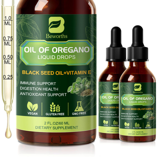 B BEWOTHS 2PACK Oregano Oil Drops, Oil of Oregano with Black Seed Oil, Vitamin E, Carvacrol Oregano Liquid Herbal Blend for Immune, Antioxidant, Digestive Gut Cleanser, Kidney Health Support - 4 Fl Oz