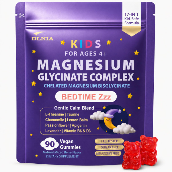 DLNIA Melatonin-Free Kids Magnesium Glycinate Gummies for Focus & Bedtime Relaxation – 17-in-1 Multivitamin Formula Ages 4+ – Calm Magnesium Gummies for Kids Wellness – Vegan, Sugar-Free, 90 Count