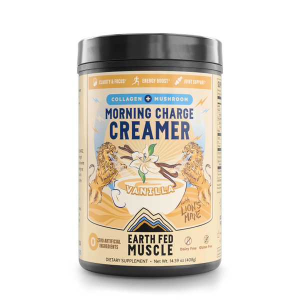 Earth Fed Muscle Vanilla Protein Coffee Creamer Powder - Collagen Peptides, Lion's Mane, Coconut Milk, Non-Dairy - Morning Charge - Focus + Joint Support - 24 Servings