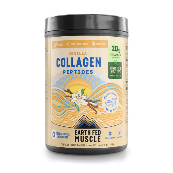 Earth Fed Muscle Vanilla Collagen Peptides, Third-Party Certified. 20g Protein, Vanilla - Grass Fed, Non-GMO, Hormone Free, Gluten Free - Multi-Type - 20 Servings