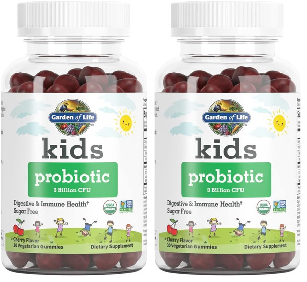 Garden of Life Kids Probiotic 3 Billion CFU, Cherry Flavor Gummies - Sugar Free Once Daily Probiotics for Kids, Children's Digestive & Immune Health, 30 Vegetarian Gummies, (Pack of 2)