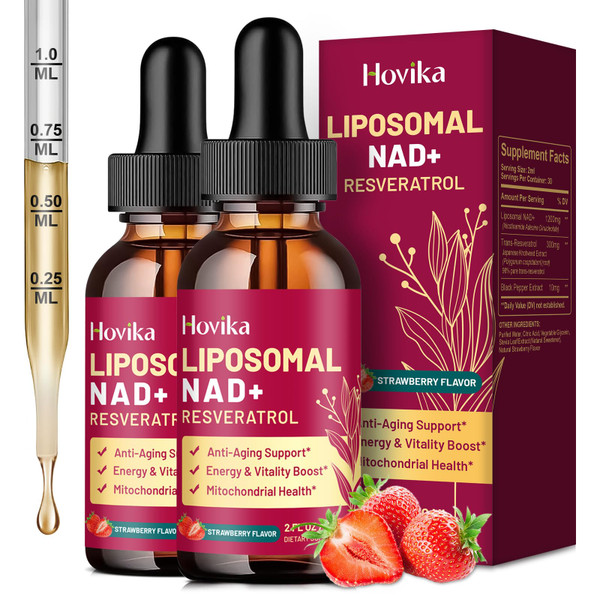 2 Pack Liposomal NAD Supplement - 1200mg NAD+ Liquid Drops for Women & Men with Resveratrol, Black Pepper Extract - Support Anti-Aging, Brain & Cellular Mitochondrial Health - Strawberry Flavor