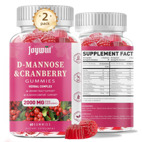 Joywiit D-Mannose Gummies 2000mg with Cranberry 500mg & Hibiscus - D Mannose Chewable Supplements for Women - Liver, Bladder Flush & Urinary Tract Cleanse Health Supplement - 120 Count
